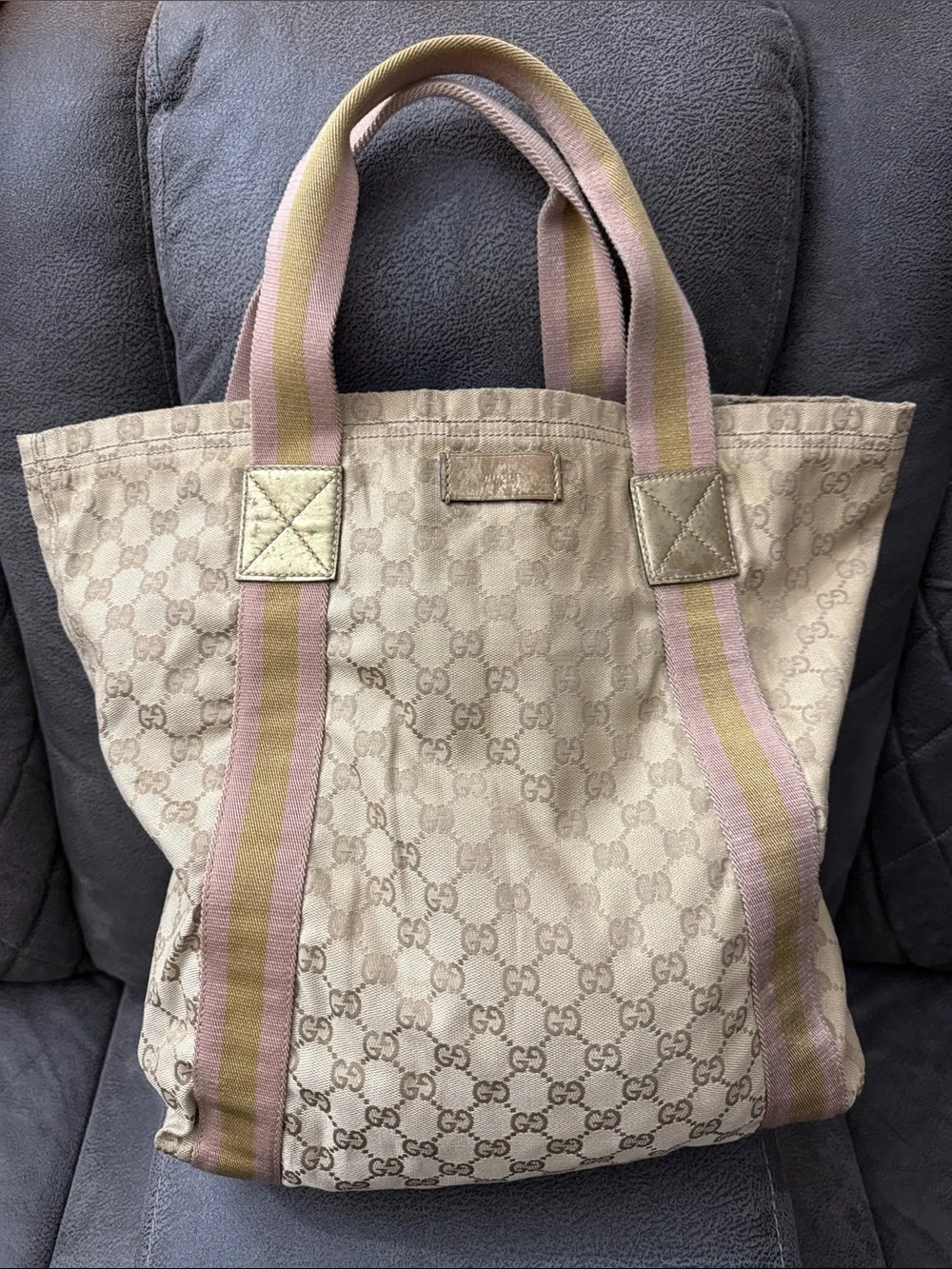 GG Monogram Beige Canvas Tote with Pink & Olive Straps - Picture 3 of 12